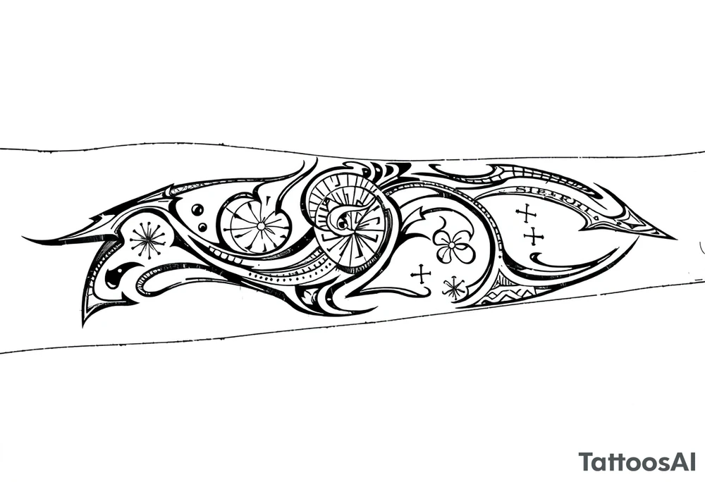 Sicilian Forearm tribal sleeve with patterns and symbols tattoo idea