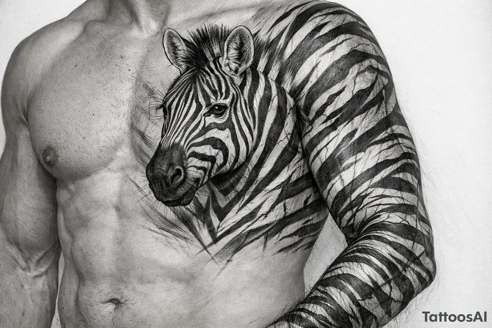 Close-up, detailed zebra head portrait on the chest, with hyperrealistic stripes wrapping onto the shoulder and bicep. tattoo idea