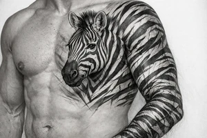 Close-up, detailed zebra head portrait on the chest, with hyperrealistic stripes wrapping onto the shoulder and bicep. tattoo idea