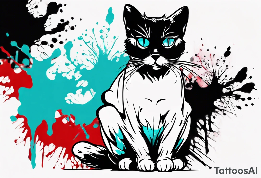 Black cat in the style of Banksy and Xoil, acquarel,  abstract, red and cyan, fractal, tattoo idea