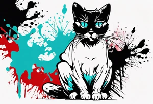 Black cat in the style of Banksy and Xoil, acquarel,  abstract, red and cyan, fractal, tattoo idea