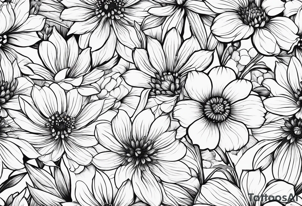 fine line wildflowers - white background, clean background, no skin tattoo idea