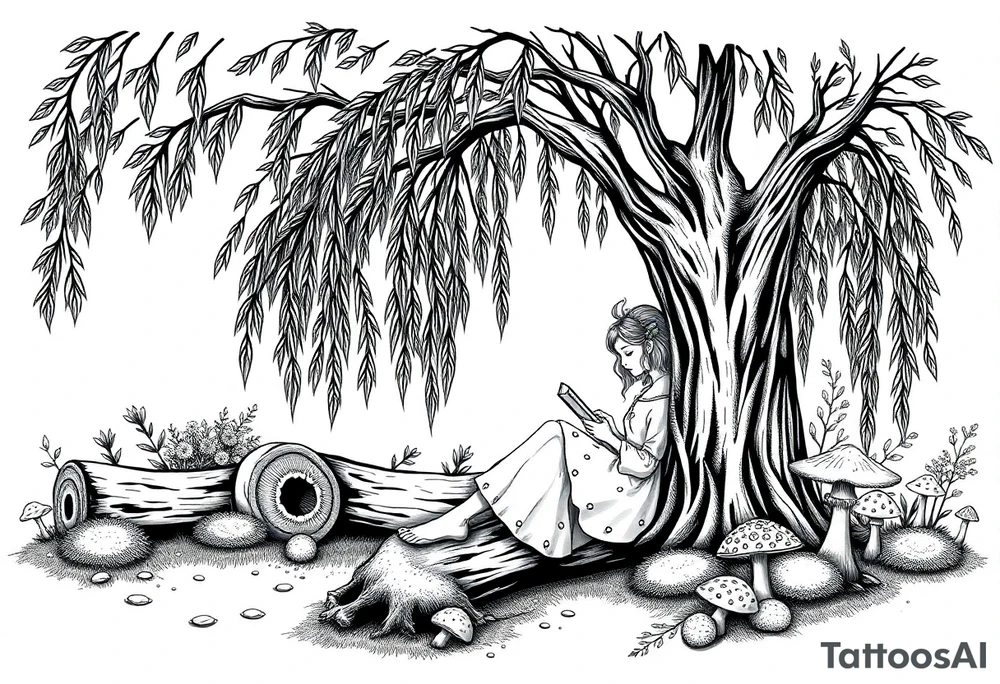 Magical woodland scene with logs, moss and toad stools with a pretty girl reading a book leaning against a very pretty willow tree tattoo idea