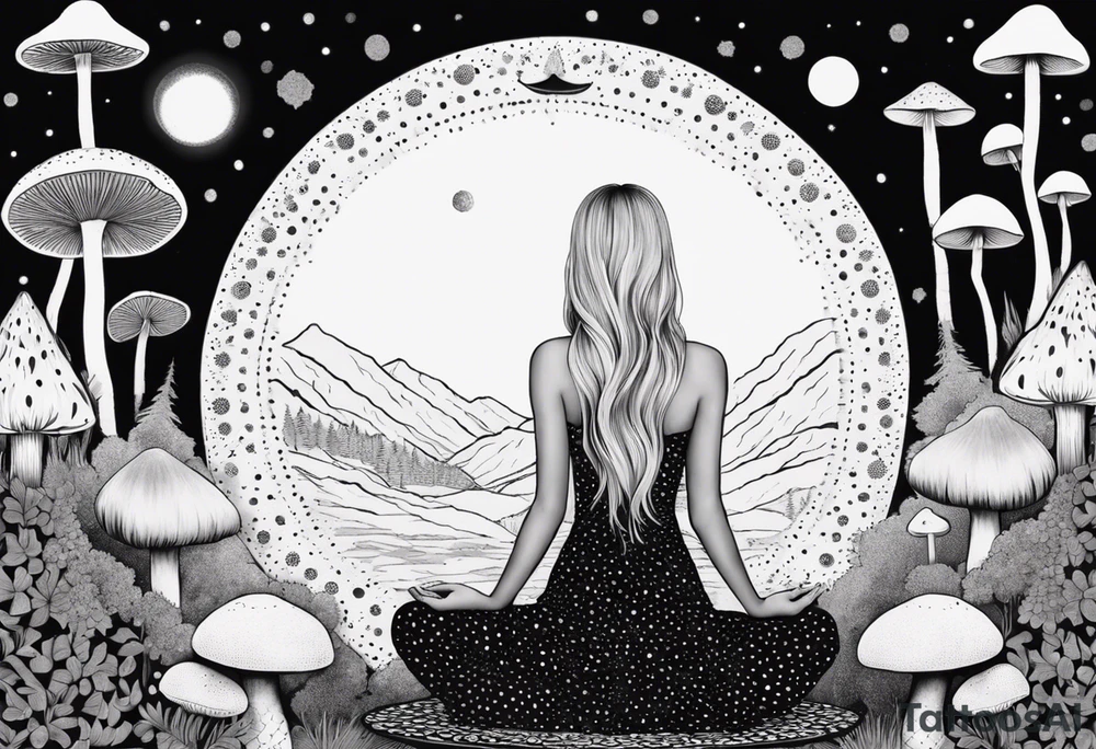 Straight blonde hair girl meditating facing away toward mountains surrounded by mushrooms crescent moon mandala circular design black and white striped dress tattoo idea