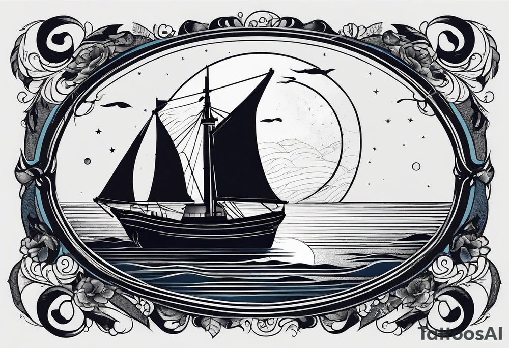 bateau, phare maritime et lune bleu.délicat,minimaliste. tattoo idea bateau, phare maritime et lune bleu.délicat,minimaliste. tattoo idea