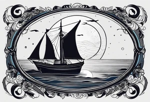 bateau, phare maritime et lune bleu.délicat,minimaliste. tattoo idea