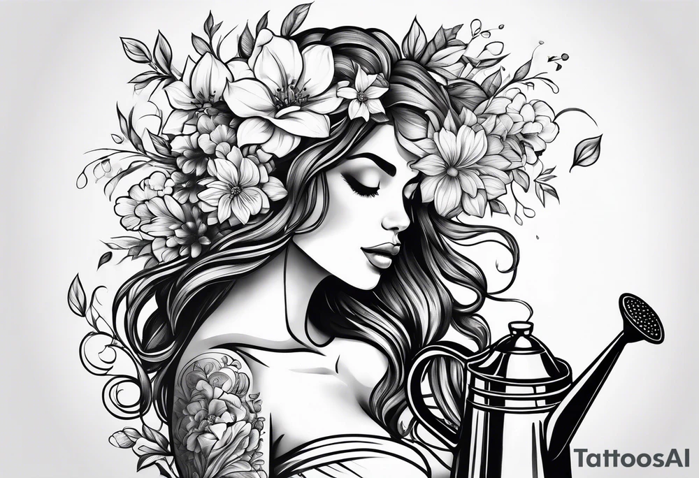 woman with flowers coming out of head with watering can in one hand watering her head with the other arm across her body holding her shoulder tattoo idea