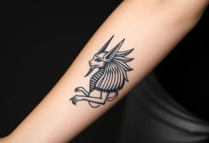 Design a tattoo of Anubis, as though it was carved into stone, it should have a sculptural stone like featured with a classic Anubis style tattoo idea