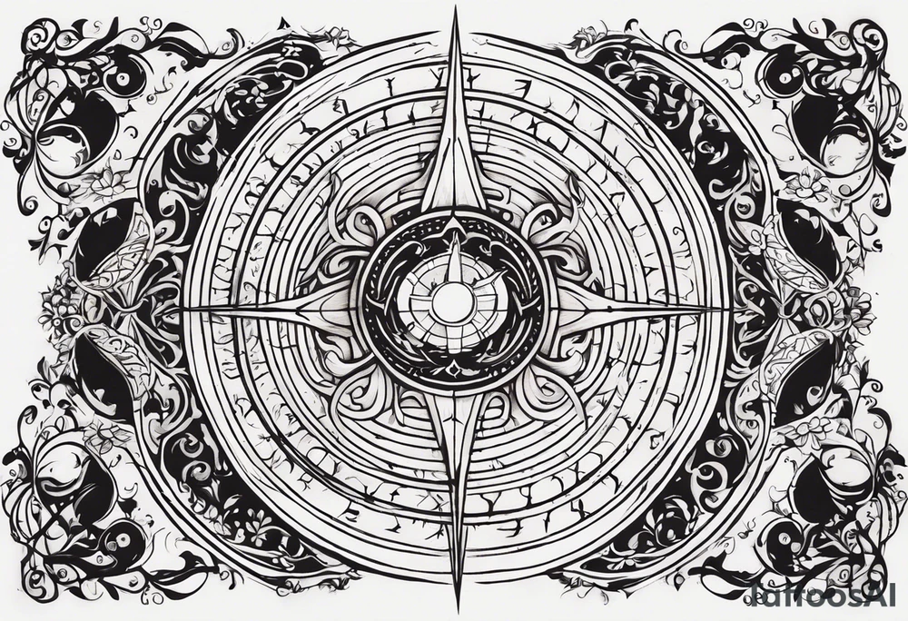 Here's the translation of the request into English:

Create a sketch for a male tattoo that reflects the concept of life purpose and spiritual growth. The tattoo should symbolize the idea of a higher plan assigned to a person before birth, and the path of spiritual realization. Include elements that personify the Universe, higher powers, or divine origin. The image should convey forward movement along life's path and ascension to a higher level of consciousness. The tattoo style should be masculine and philosophical, suitable for placement on the forearm tattoo idea