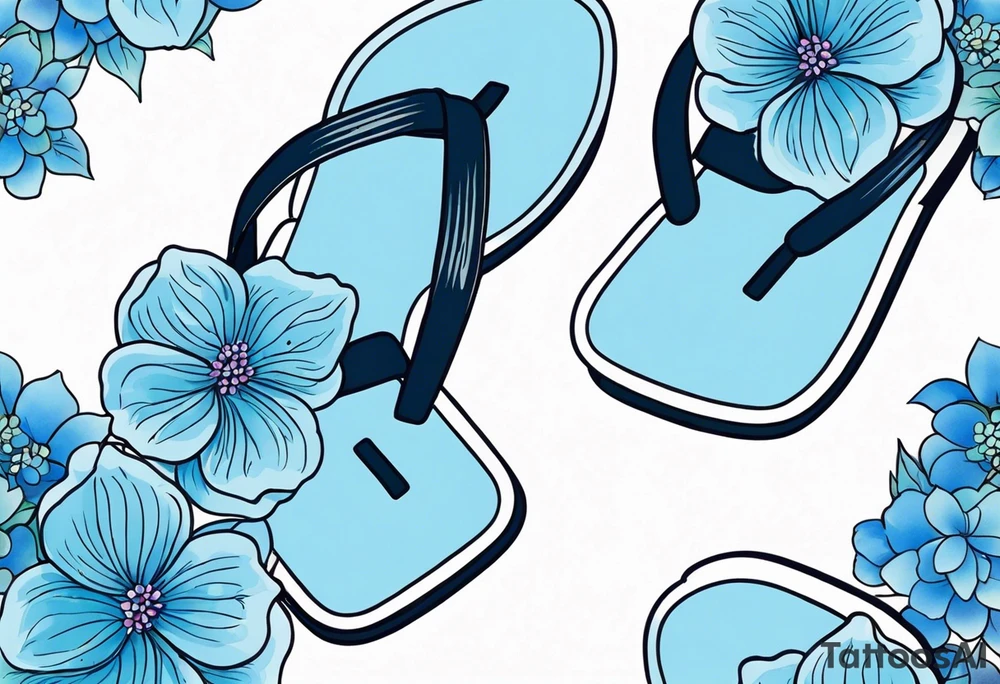 small tattoo of a light blue flip flop surrounded by blue hydrangea flowers tattoo idea
