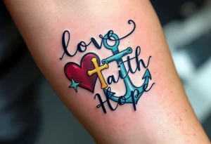 Script in deep navy ink, with a heart in burgundy, a gold cross, and a teal anchor subtly integrated into the words love faith hope. tattoo idea