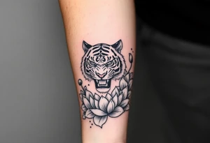 fierce tiger emerging through blooming lotus flowers in mist tattoo idea