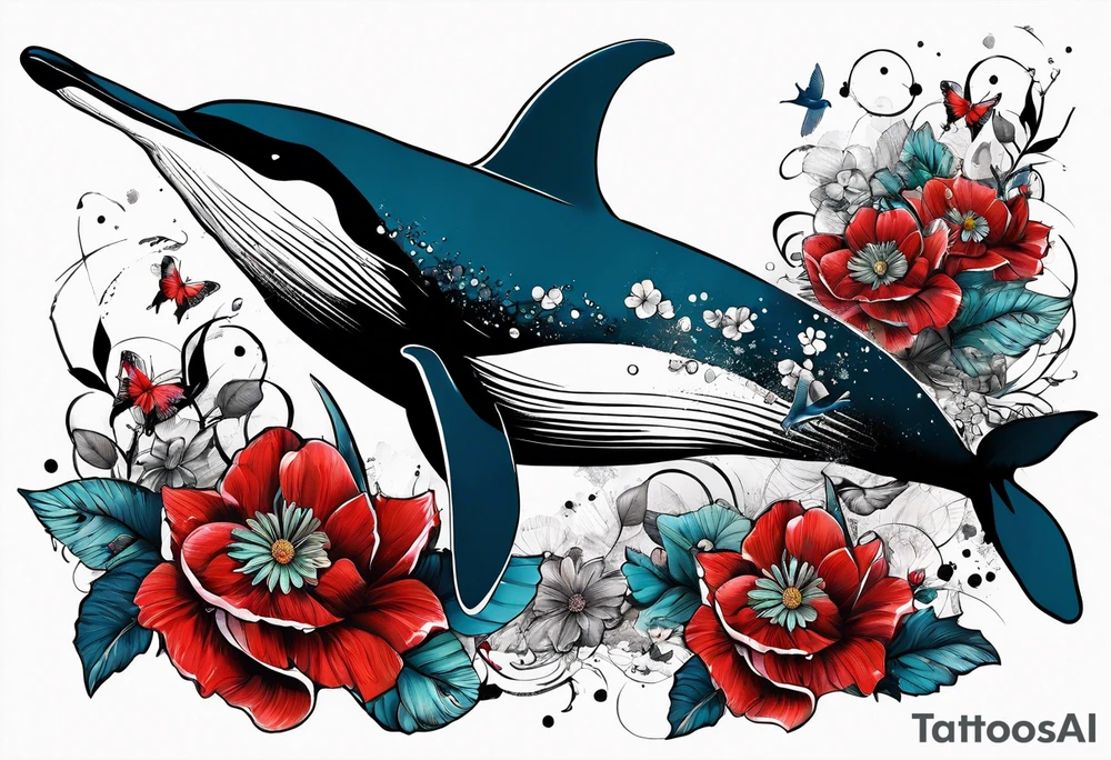 flowers, collage, whale and hummingbird trash polka tattoo idea