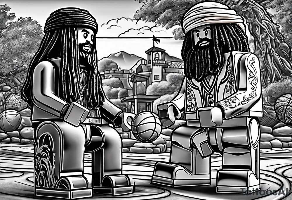 2 Lego figures in one scenery, one of them will be a Rastaman who is looking at the other one dribbling a basketball tattoo idea