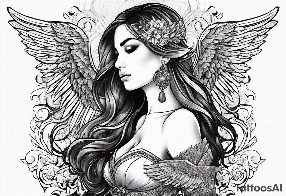 The names Leonie & Yvette with angel wings behind tattoo idea The names Leonie & Yvette with angel wings behind tattoo idea