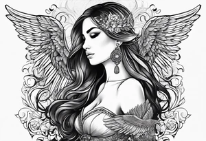 The names Leonie & Yvette with angel wings behind tattoo idea