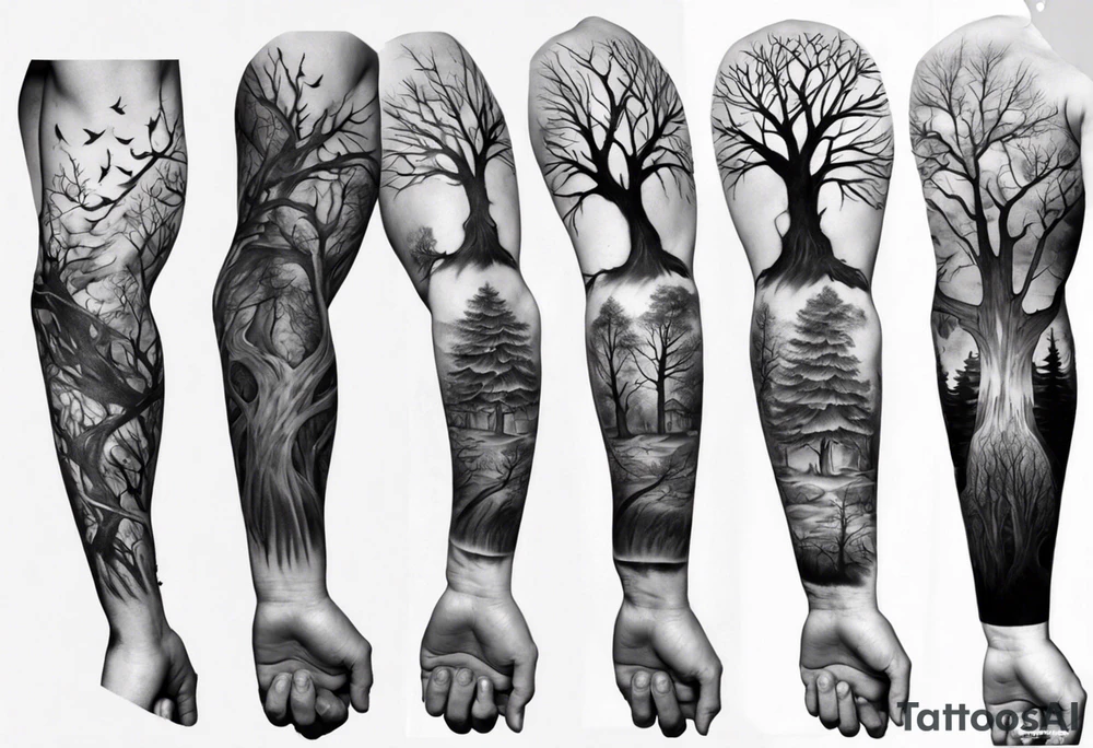 full arm sleeve tattoo with scary tree tattoo idea
