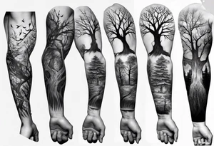 full arm sleeve tattoo with scary tree tattoo idea