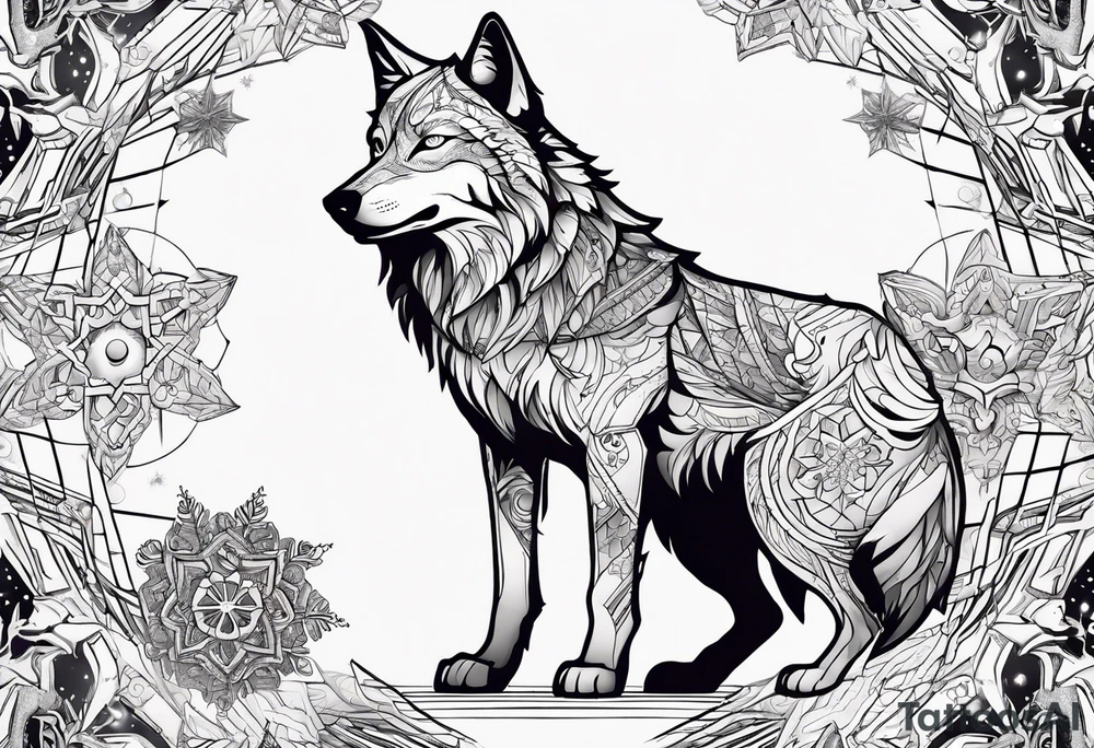 Constellation, animal alien wolf, snowflake tattoo idea