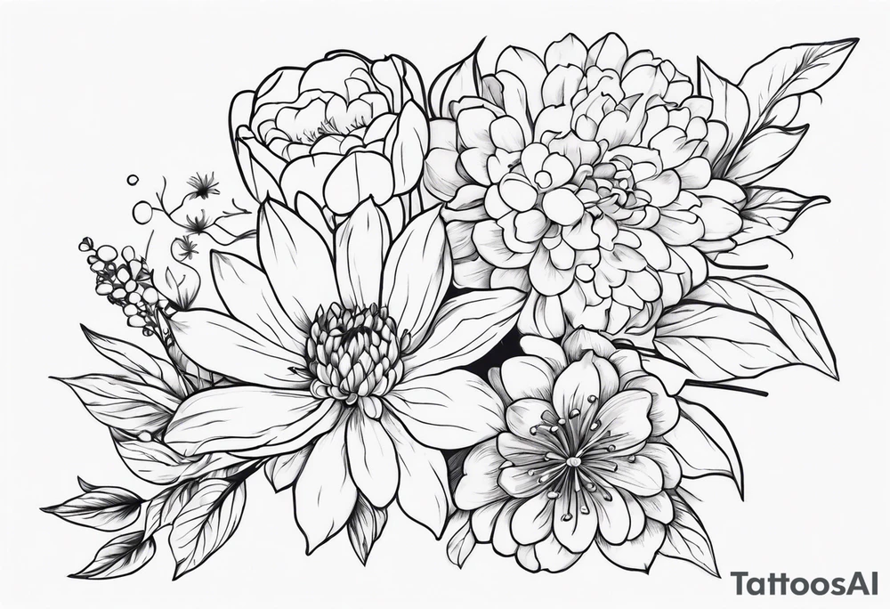 Asters, roses, lily of the valley, and chrysanthemums sleeve tattoo idea