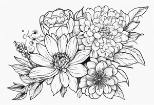 Asters, roses, lily of the valley, and chrysanthemums sleeve tattoo idea