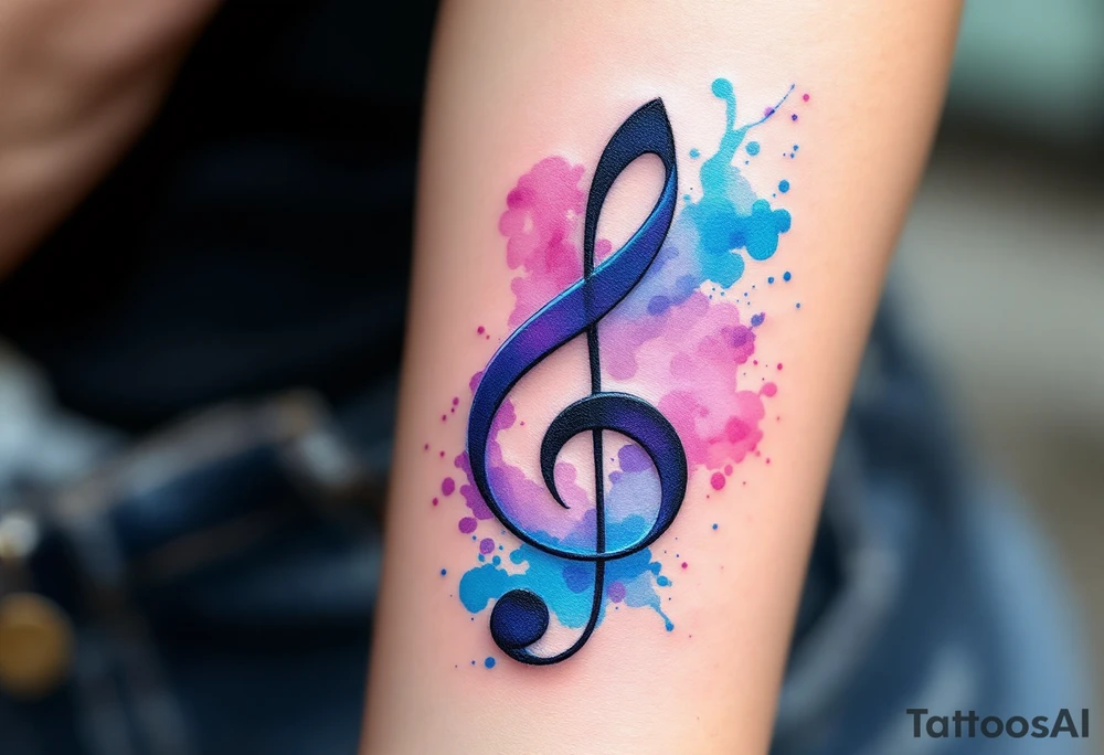 ChatGPT řekl:
A sleek black treble clef with smooth curves, wrapped in a flowing ribbon of deep violet and electric blue, with soft watercolor splashes in pink and turquoise behind it for a dreamy, artistic effect. tattoo idea