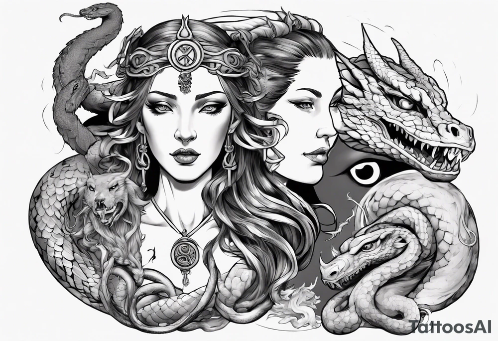 Beautiful Godess Hekate, surroundet by a snake and a japanese Dragon. tattoo idea
