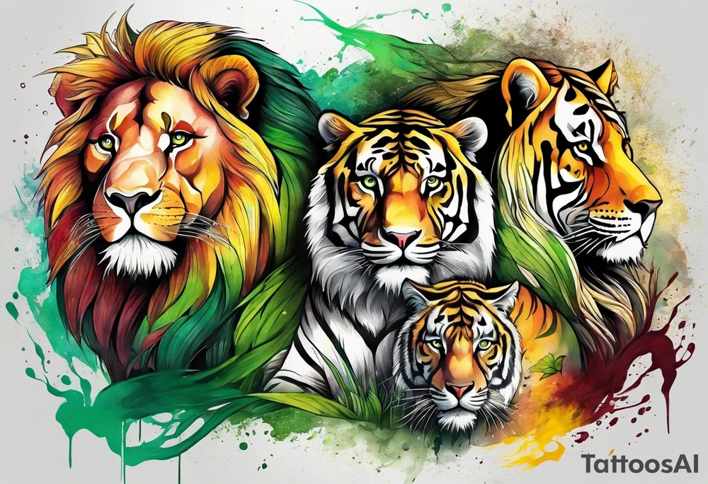 Lion and tiger with colors green, yellow, maroon and black tattoo idea