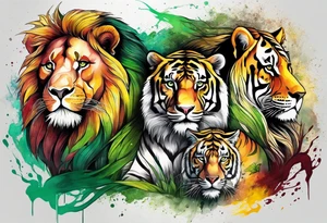 Lion and tiger with colors green, yellow, maroon and black tattoo idea