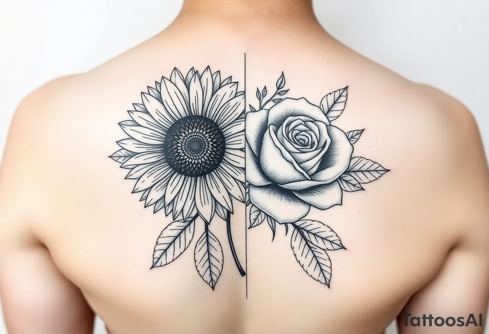 A single symmetrical flower composed of a sunflower on the left half and a rose on the right half, split perfectly down the middle. Surrounding the flower are greenery and leaves. This tattoo is for a woman's arm, so it should also extend vertically. The overall style is minimalist and elegant, with fine lines and no shading or color. tattoo idea