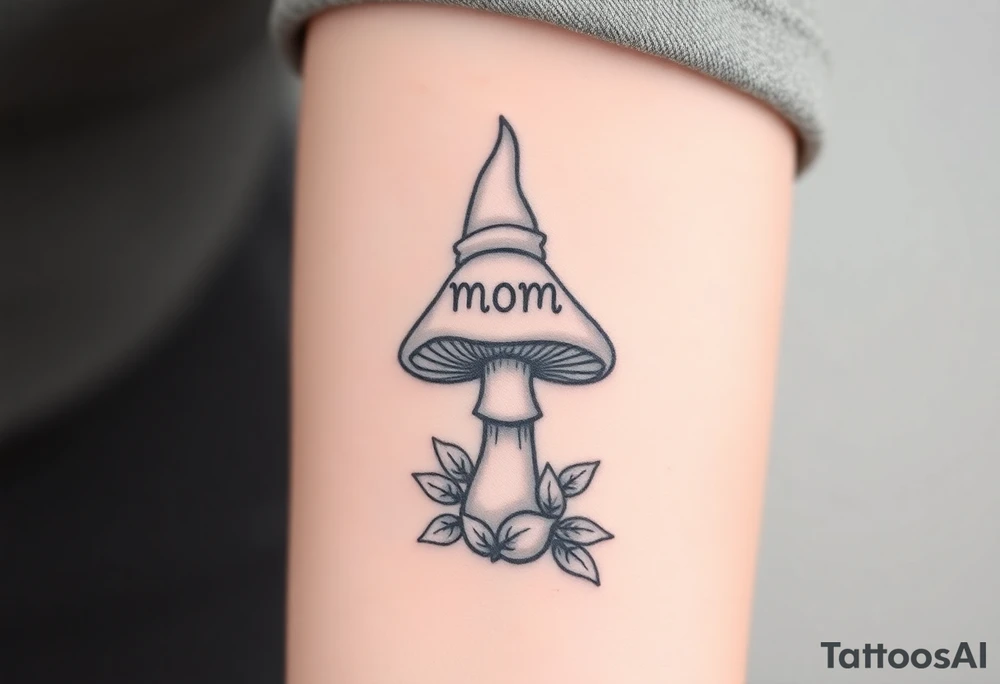 Mushroom with word mom on it with gnome on top tattoo idea