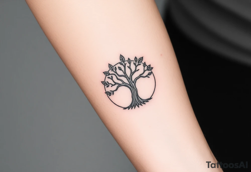 Tree with few leaves encircled in a spiral circle starting from the center of the tree tattoo idea