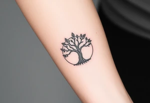 Tree with few leaves encircled in a spiral circle starting from the center of the tree tattoo idea