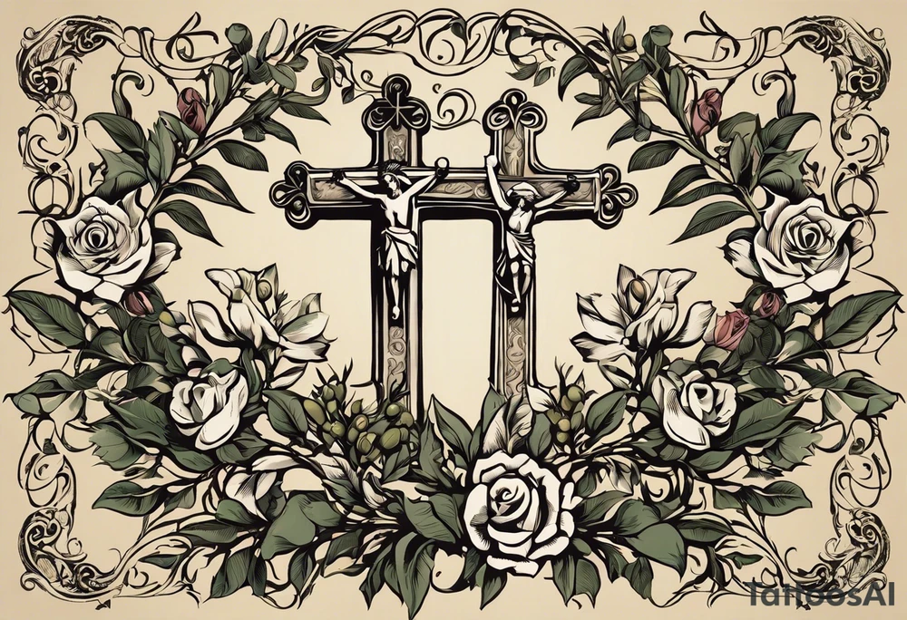 this ins meant to be a collage style that will cover the forearm from the wrist to elbow. Give me an olive branch on wirst at bottom shaped like a manura lamp. A cross above that with smallers olive and rose branches and roses arount it with a crown above the cross on bothe sides small hebrew letters that say king of glory and the other says yeshua messiah in hebrew . Not too many roses. Only black and white. I don;t want mary on no red on roeses tattoo idea
