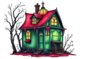 Tim Burton’s glass green house is abandoned and dripping with muted reds, dusty pinks, and eerie green glow. tattoo idea tattoo idea