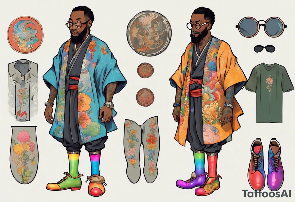 a medieval black man wearing round glasses, wearing rainbow boots, wearing a tunic tattoo idea