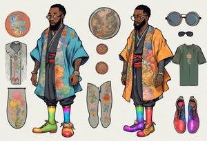 a medieval black man wearing round glasses, wearing rainbow boots, wearing a tunic tattoo idea