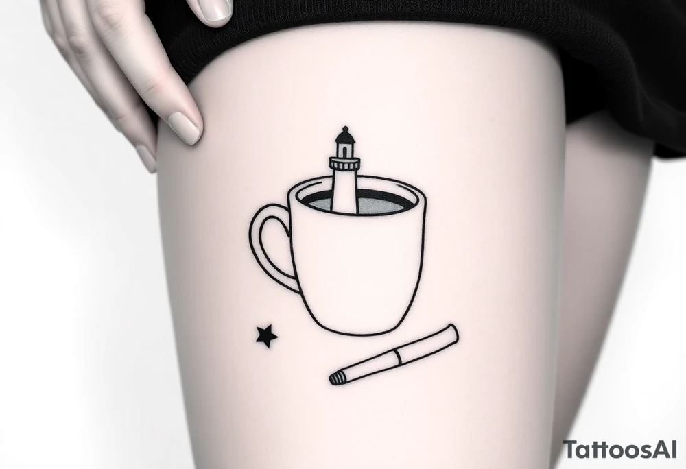 A mug of coffee
 with a picture of a 
 lighthouse on the the mug and a cigarette laying next to it tattoo idea