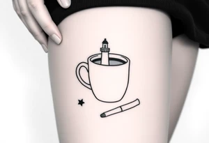 A mug of coffee
 with a picture of a 
 lighthouse on the the mug and a cigarette laying next to it tattoo idea