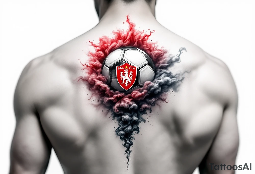 A realistic soccer ball emerging from a red and white smoke cloud shaped like the Slavia crest. tattoo idea
