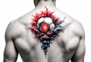 A realistic soccer ball emerging from a red and white smoke cloud shaped like the Slavia crest. tattoo idea