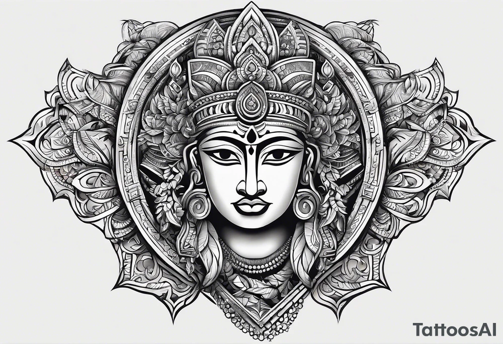 right chest and right shoulder tattoo with a tribal design with tamil ancient hindu element.  for a man tattoo idea