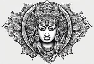 right chest and right shoulder tattoo with a tribal design with tamil ancient hindu element.  for a man tattoo idea