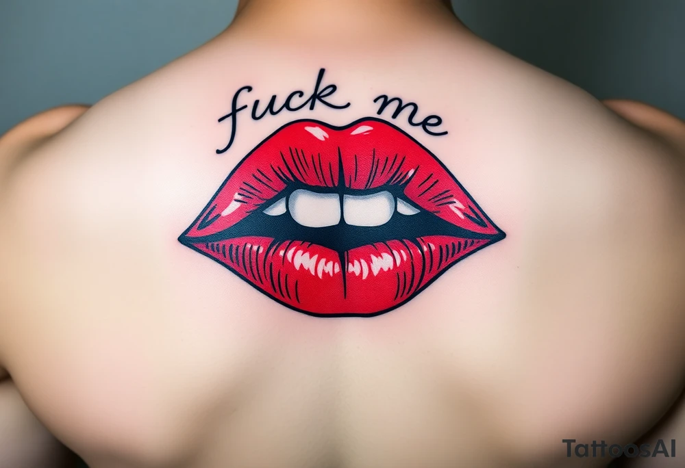 Red lips with fuck me written in the top lip tattoo idea