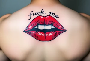 Red lips with fuck me written in the top lip tattoo idea