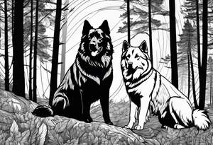 two norwegian elkhounds guarding a dark forest against a bear tattoo idea