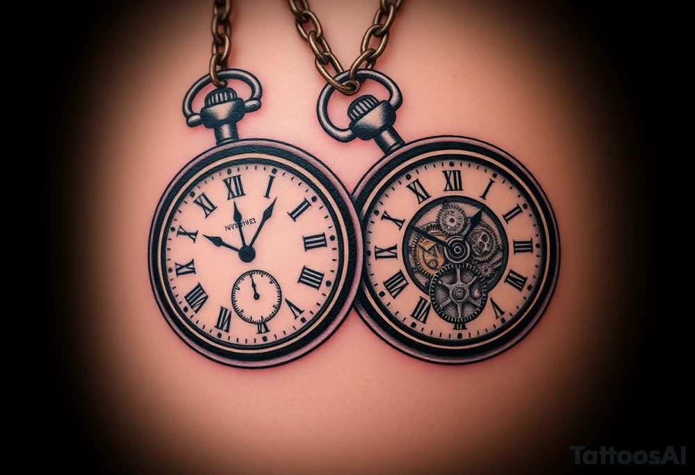 Connection to my kids. Two Daughters 
Realism focused. 
Timepiece - Pocket watch.
Two pockets watches. 1 for each of my two daughters 
Fob/ watch chains to be part of the Tattoo.
Fob/ watch chains intertwine signifying my kids to keep close and have each other's back.
Show a lot of internal mechanisms of the watch. Cogs, gears etc. 
Both my kids were born on the day 5th of month. The small hand of both pocket watches should point to the 5 on the pocket watches.  
On one pocket watch the big hand should point to 4 as the eldest born in April. 
On the other picket watch the big hand should point to 11 as the youngest born in November.
Do not put D.O.B on design. 
No animals.
No flowers.
No religious effigies like angels or prayer hands.
Focus on a mechanical look and feel. Added focus on realism. 
No broken dials. Pocket watches should be perfect.
Add detail to make design 3D.
The artwork forms part of the skin rather than being on top of it. Weave the artwork into my skin. 
My kids are what keep me going and my motivation - This is the theme on this design. tattoo idea
