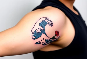 The Great Wave off Kanagawa With a red rose with a stem on the side of the wave tattoo idea