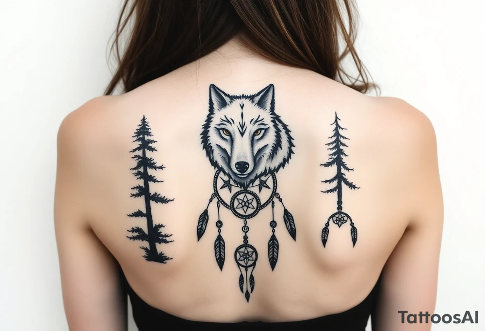A wolf running through the woods, with dreamcatcher rings tattoo idea