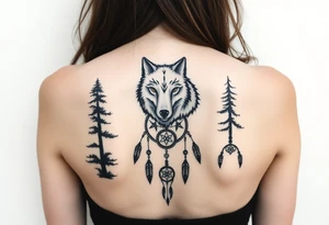 A wolf running through the woods, with dreamcatcher rings tattoo idea